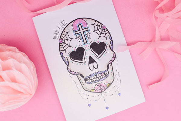 Candy Pink Cross Dead Cute Sugar Skull Handmade Card