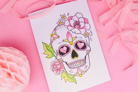Peony & cherry blossom sugar skull tattoo handmade birthday card