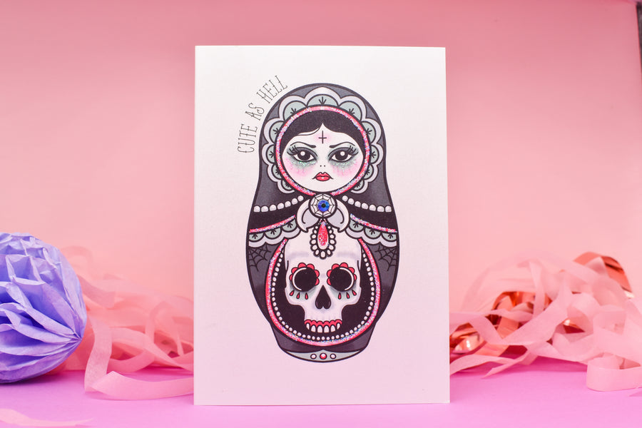 Cute as Hell - Goth Girl Cute & Creepy Russian Doll Tattoo handmade card