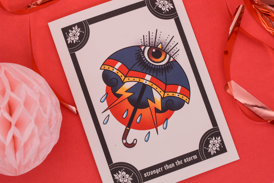 STRONGER THAN THE STORM Roses Umbrella Tattoo Handmade Card