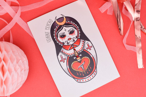 (S)AINT PSYCHO Demon Choir Girl Russian Doll Tattoo  handmade card