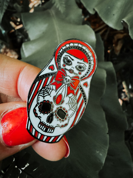 Sweet as Hell | Candy Striped Cute & Creepy Russian Doll Hard Enamel Pin