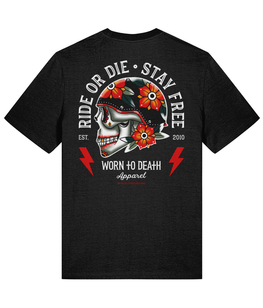 Ride Die | Ink & Blood Rose Biker Skull Tattoo | Front & Back Print Black T-shirt