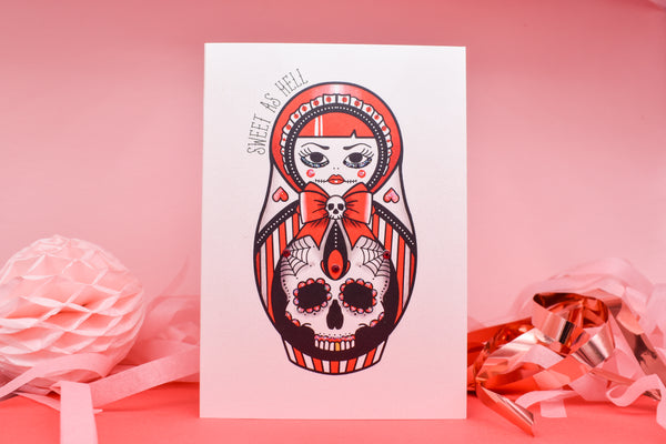 Sweet as Hell - Candy Striped Cute & Creepy Russian Doll Tattoo handmade card