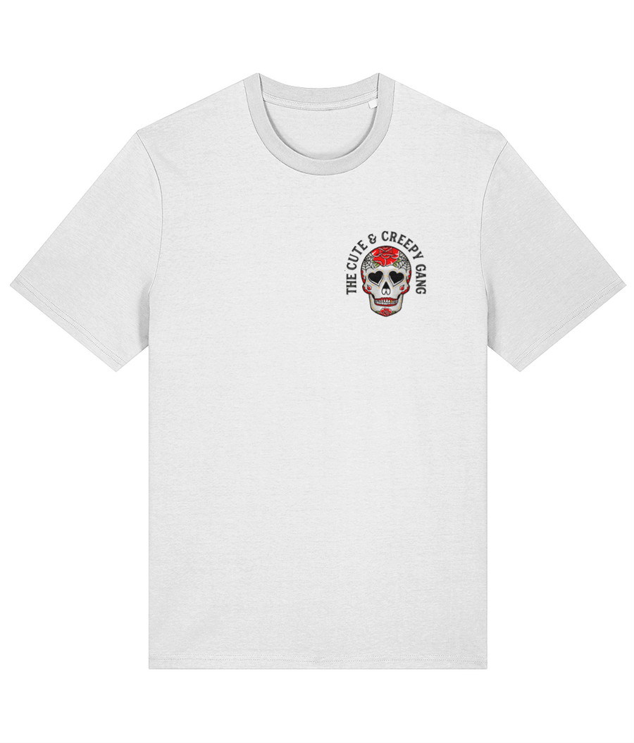 Cute Creepy Gang | Dead Cute Sugar Skull Red Rose | Front & Back Print White T-shirt