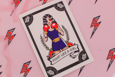 FIGHT LIKE A GIRL Boxing Girl Tattoo Handmade Card