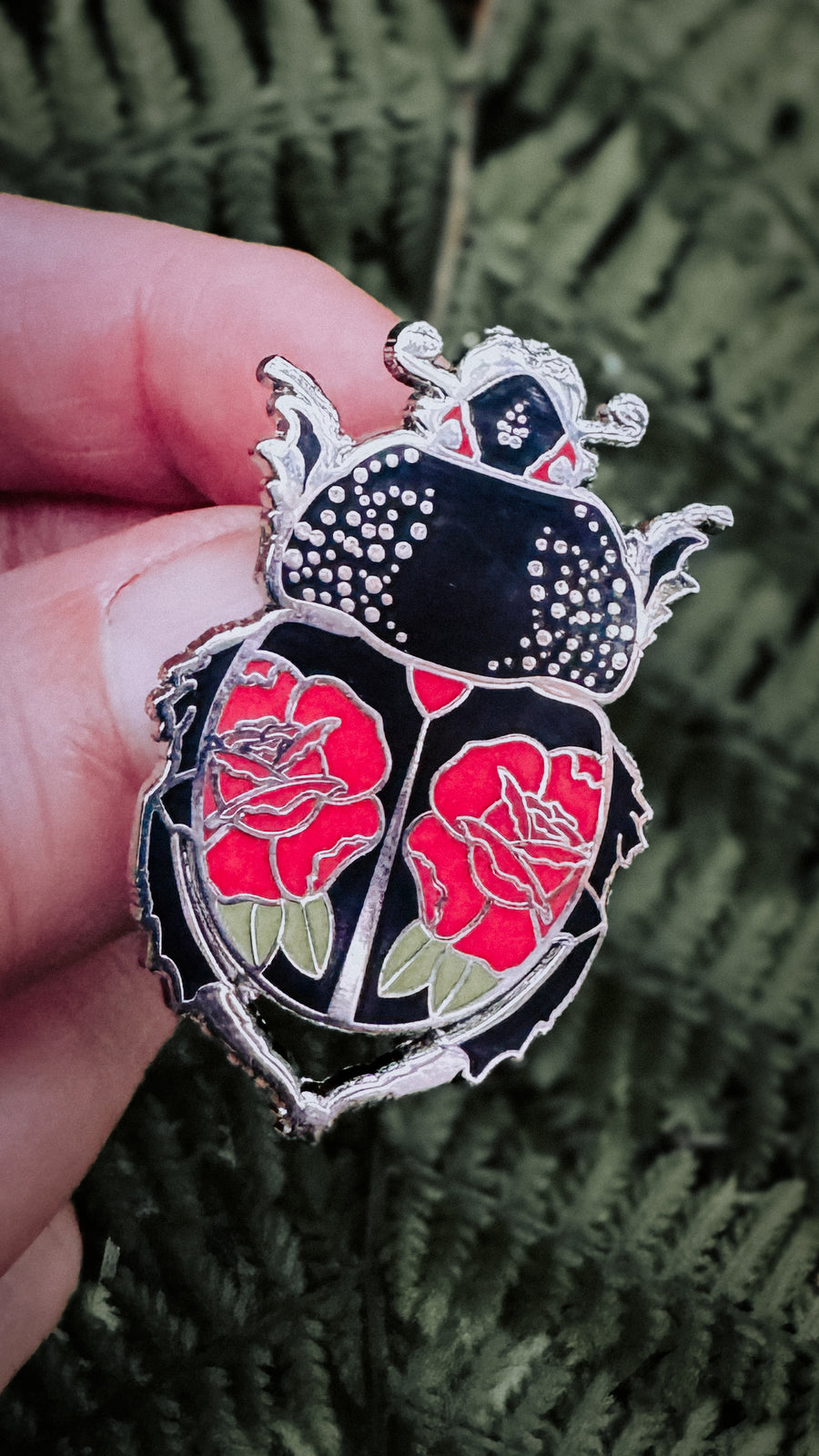 Ink & Blood Rose Beetle Hard Enamel Pin — Tattoo Bug Pin for Nature Lovers