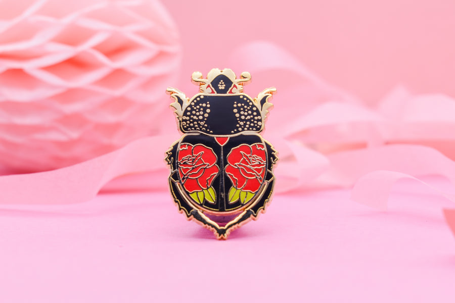 Ink & Blood Rose Beetle Hard Enamel Pin — Tattoo Bug Pin for Nature Lovers