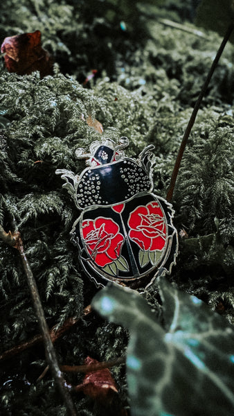 Ink & Blood Rose Beetle Hard Enamel Pin — Tattoo Bug Pin for Nature Lovers