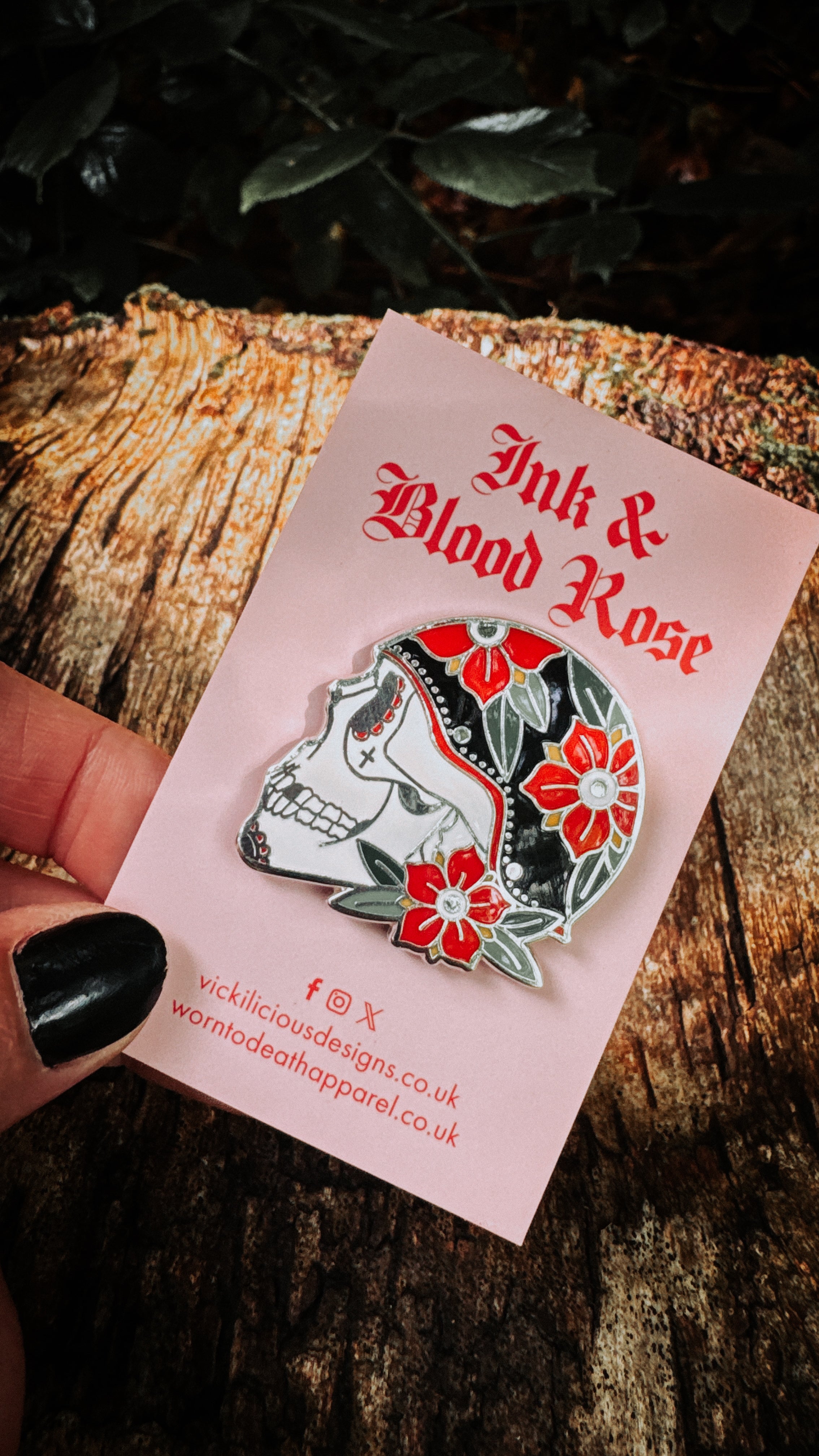 Ink & Blood Rose – Biker Skull Tattoo Hard Enamel Pin