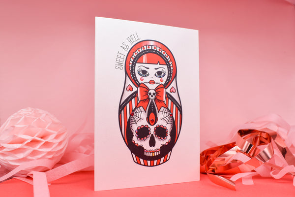 Sweet as Hell - Candy Striped Cute & Creepy Russian Doll Tattoo handmade card