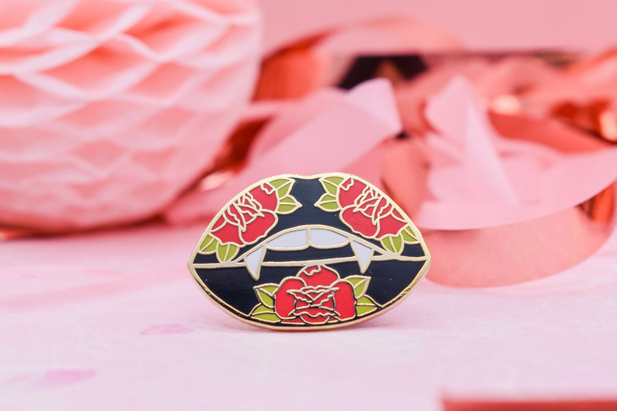 Bite Me Vampire Lips Hard Enamel Pin — Tattoo Style | Ink & Blood Rose Collection