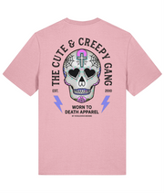 Cute & Creepy Gang Candy |  Dead Cute Sugar Skull Pink Cross | Front & Back Print Pink T-shirt