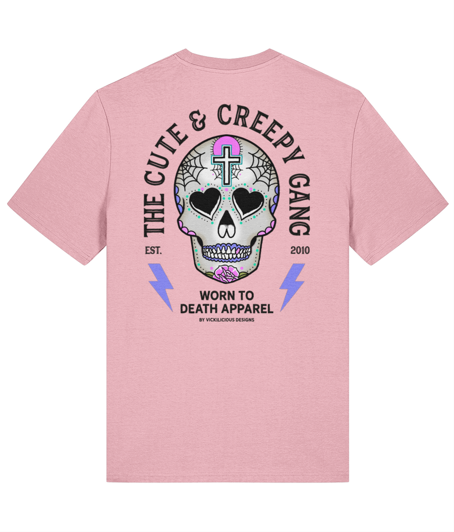 Cute & Creepy Gang Candy |  Dead Cute Sugar Skull Pink Cross | Front & Back Print Pink T-shirt
