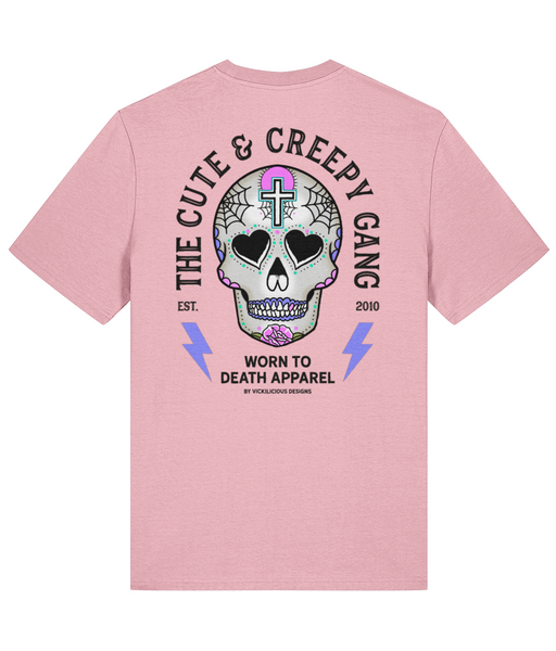 Cute & Creepy Gang Candy |  Dead Cute Sugar Skull Pink Cross | Front & Back Print Pink T-shirt