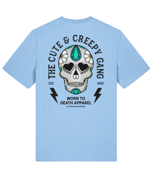 Cute Creepy Gang | Dead Cute Sugar Skull Ditsy Daisy | Front & Back Print Blue T-shirt