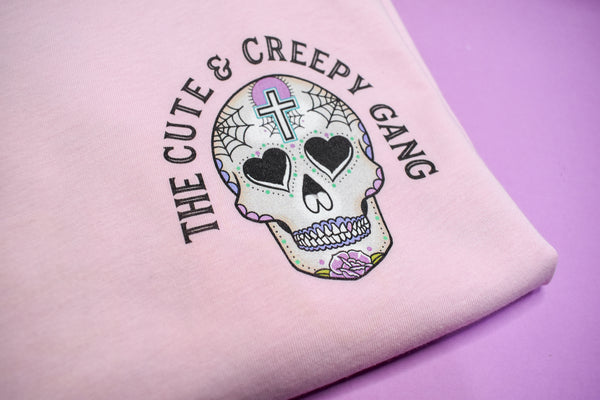 Cute & Creepy Gang Candy - Pink Cross Dead Cute Sugar Skull T-shirt - Front & Back Print