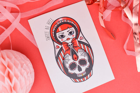 Sweet as Hell - Candy Striped Cute & Creepy Russian Doll Tattoo handmade card