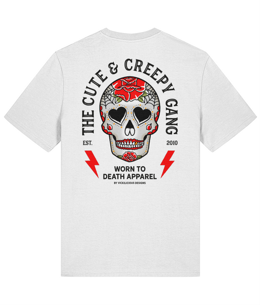 Cute Creepy Gang | Dead Cute Sugar Skull Red Rose | Front & Back Print White T-shirt