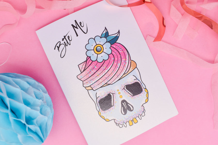 BITE ME Cupcake Candy Skull Tattoo Handmade Card