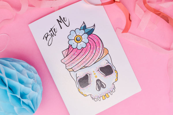 BITE ME Cupcake Candy Skull Tattoo Handmade Card