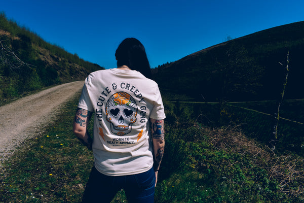 Cute & Creepy Gang Yellow Rose Dead Cute Sugar Skull T-shirt - front and back print