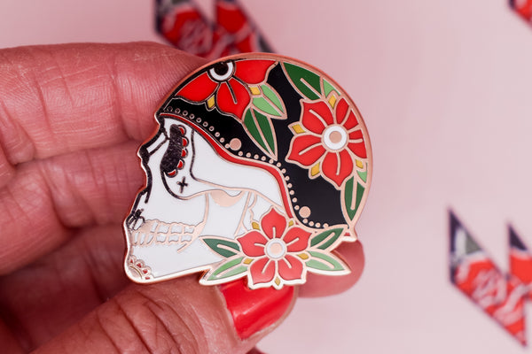 Ride or Die Biker Skull Hard Enamel Pin - Rose Gold