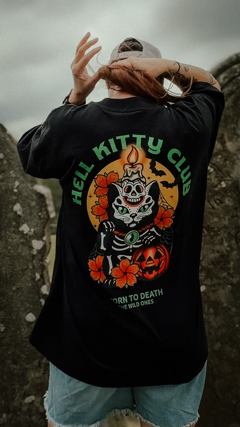 Hell Kitty Club Halloween Cat Organic Oversized T-Shirt – Black
