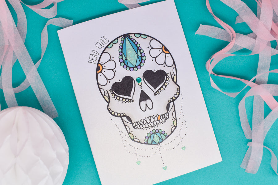 Ditsy Daisy Dead Cute Sugar Skull Handmade Card