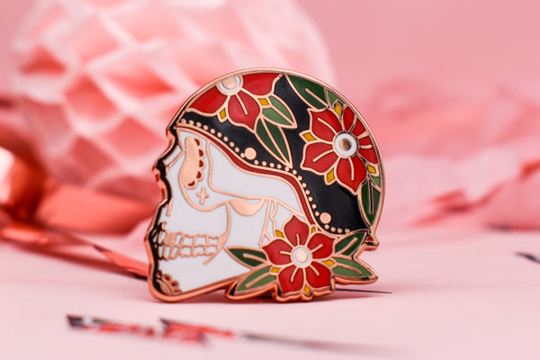 Ride or Die Biker Skull Hard Enamel Pin - Rose Gold