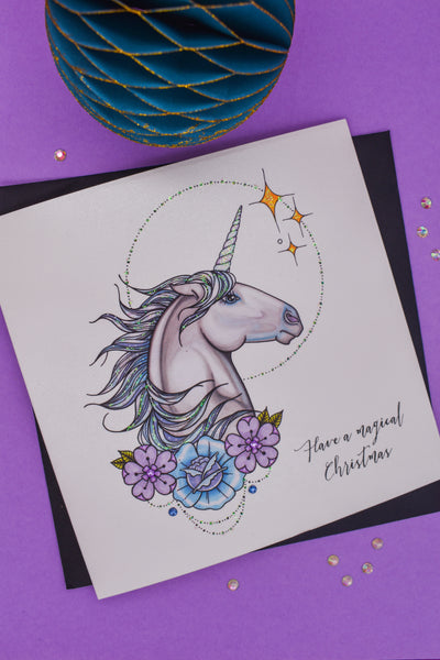 MAGICAL CHRISTMAS Unicorn tattoo handmade Christmas card
