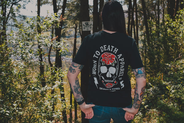 Worn To Death Skulls & Roses Black T-shirt - front and back print