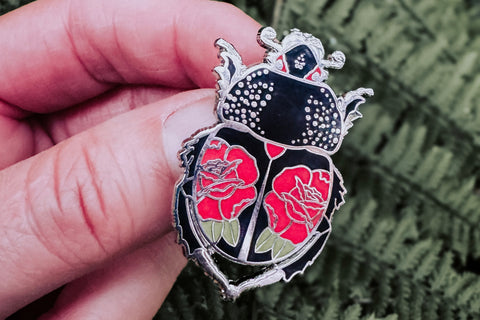 Ink & Blood Rose Beetle Hard Enamel Pin — Tattoo Bug Pin for Nature Lovers