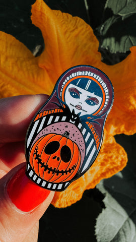 PRETTY WICKED | Cute & Creepy Russian Doll Enamel Pin (Glow-in-the-Dark Jack-O-Lantern)