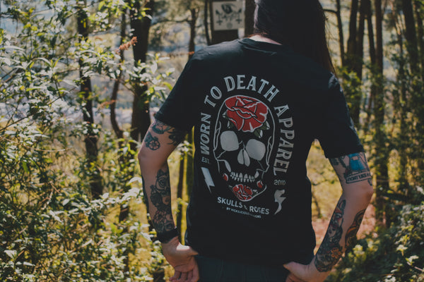 Worn To Death Skulls & Roses Black T-shirt - front and back print