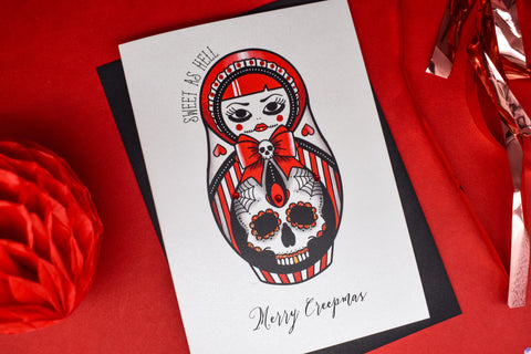 SWEET AS HELL Candy Striped Russian Doll Christmas card