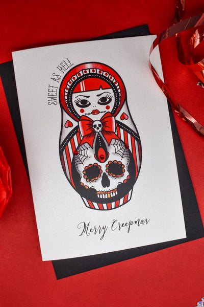SWEET AS HELL Candy Striped Russian Doll Christmas card