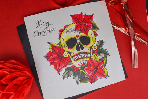 Poinsettia Day of the Dead sugar skull tattoo handmade Christmas card
