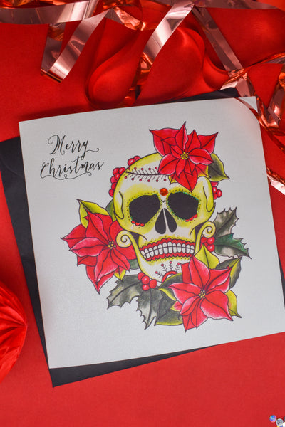 Poinsettia Day of the Dead sugar skull tattoo handmade Christmas card