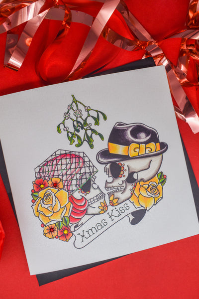 Kissing Sugar Skulls & Mistletoe Handmade Christmas Card
