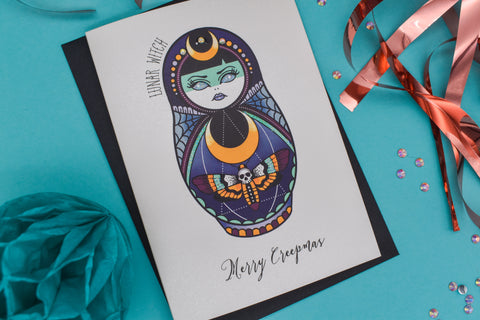 LUNAR WITCH Russian Doll Tattoo Merry Creepmas handmade Christmas card