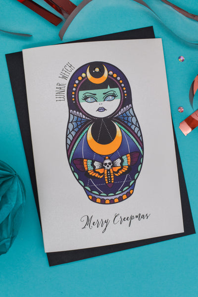 LUNAR WITCH Russian Doll Tattoo Merry Creepmas handmade Christmas card