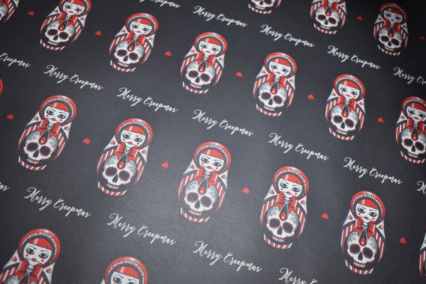 Sweet As Hell - Candy Striped Russian Doll & Sugar Skull Christmas Wrapping Paper