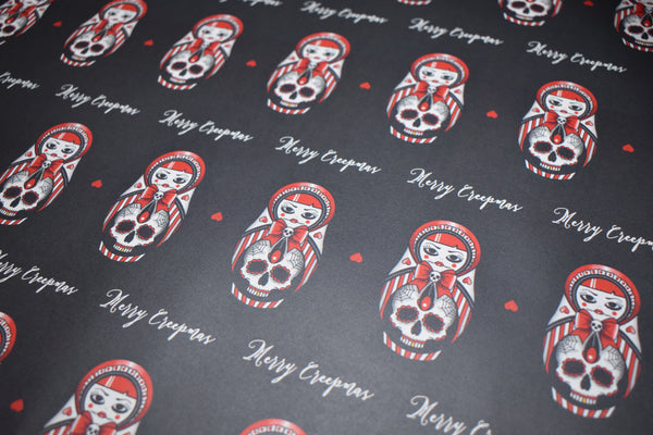 Sweet As Hell - Candy Striped Russian Doll & Sugar Skull Christmas Wrapping Paper