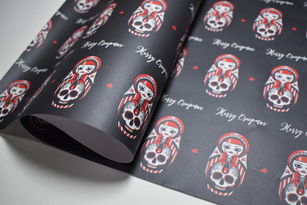 Sweet As Hell - Candy Striped Russian Doll & Sugar Skull Christmas Wrapping Paper