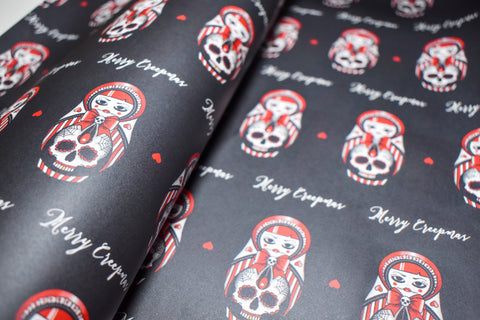 Sweet As Hell - Candy Striped Russian Doll & Sugar Skull Christmas Wrapping Paper