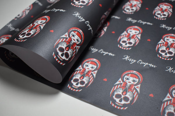 Sweet As Hell - Candy Striped Russian Doll & Sugar Skull Christmas Wrapping Paper