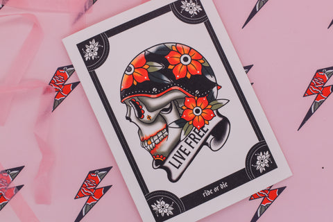 RIDE OR DIE, LIVE FREE Piss Pot Blossom Helmet Biker Skull Tattoo Handmade Card