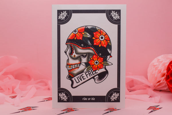 RIDE OR DIE, LIVE FREE Piss Pot Blossom Helmet Biker Skull Tattoo Handmade Card