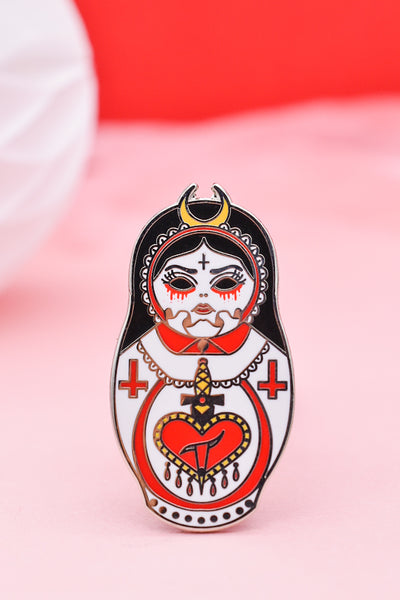 (S)aint Psycho | Cute & Creepy Demon Choir Girl Russian Doll Hard Enamel Pin